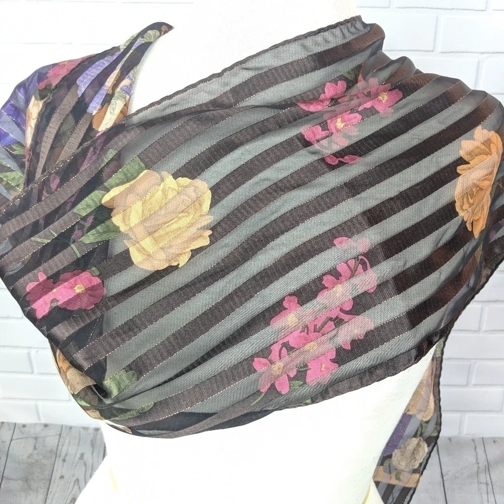 Liz Claiborne Satin Brown & Gold Floral Scarf‎